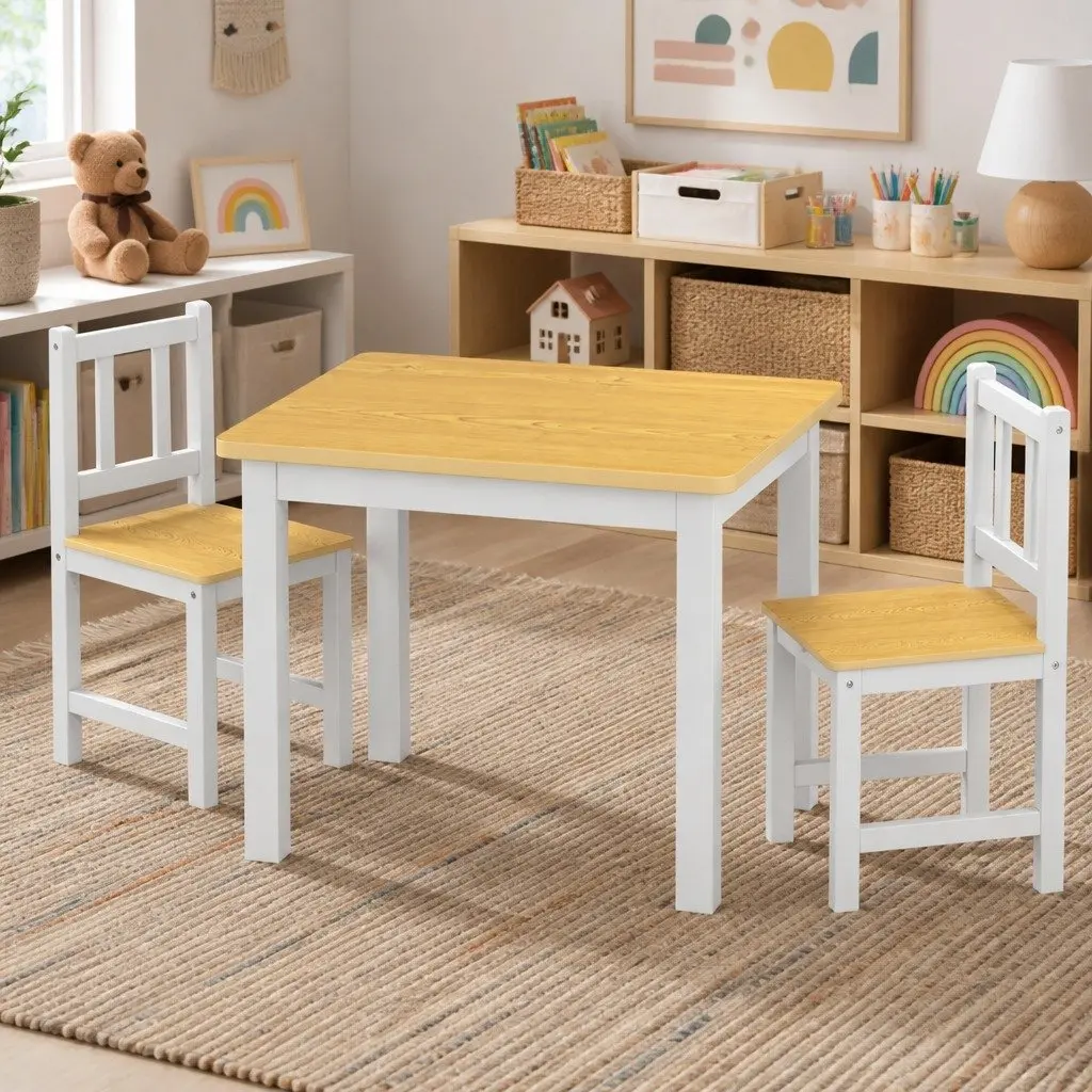 Kids Table and Chairs Set Wooden 3PCS White MDF Pine 60cm x 50cm x 48cm