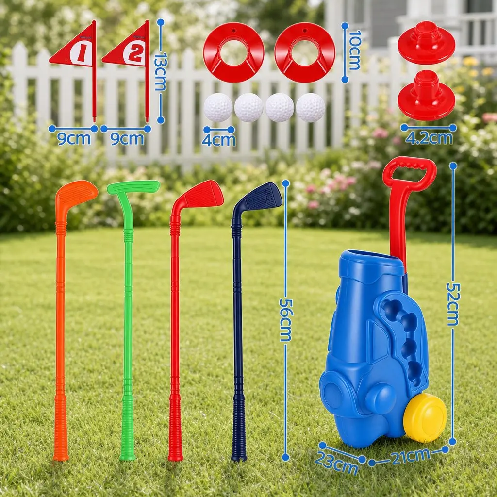 Kids Golf Set ABS Blue 23x21x52cm Pull Cart with 4 Clubs 4 Balls 2 Practice Holes