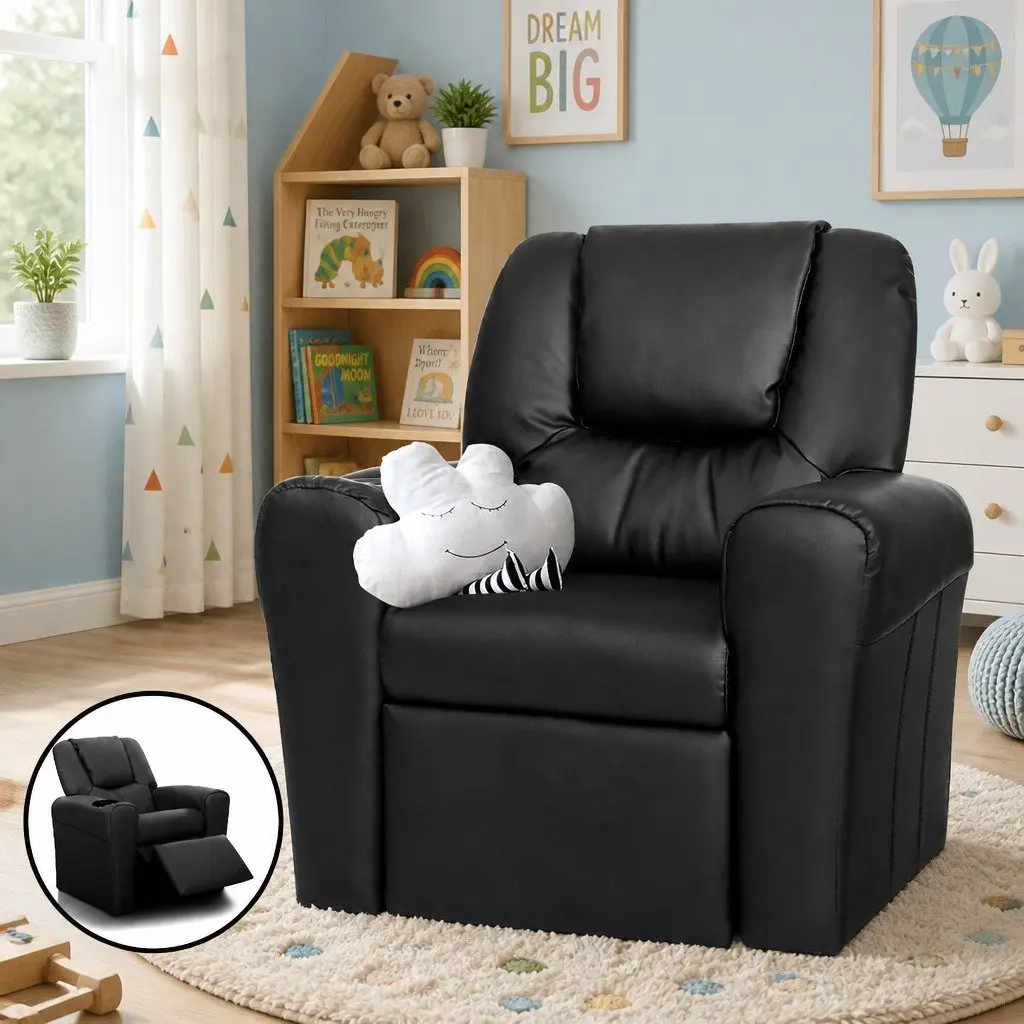 Kids Recliner Chair PU Leather Black 65 x 42 x 61cm