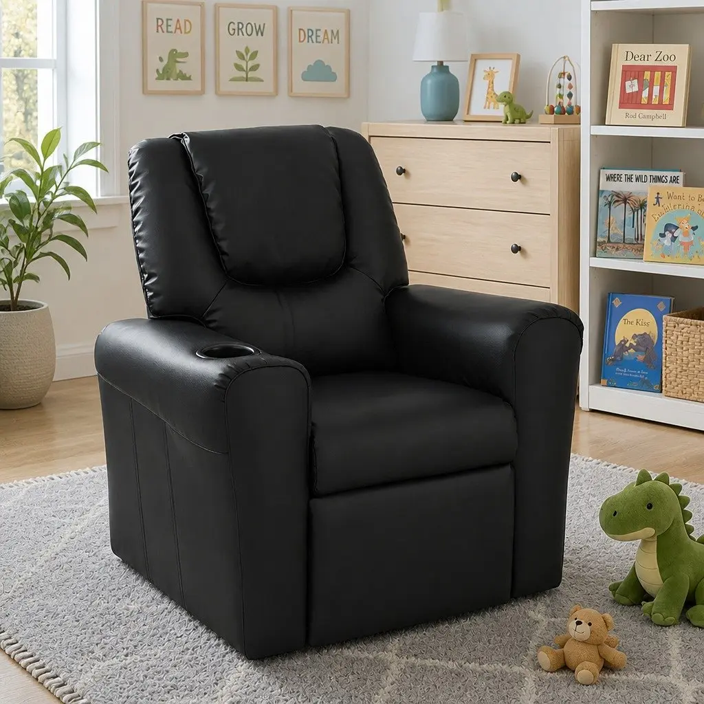 Kids Recliner Chair PU Leather Black 65 x 42 x 61cm
