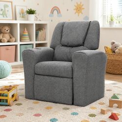 Kids Grey Linen Recliner Chair with Cup Holder