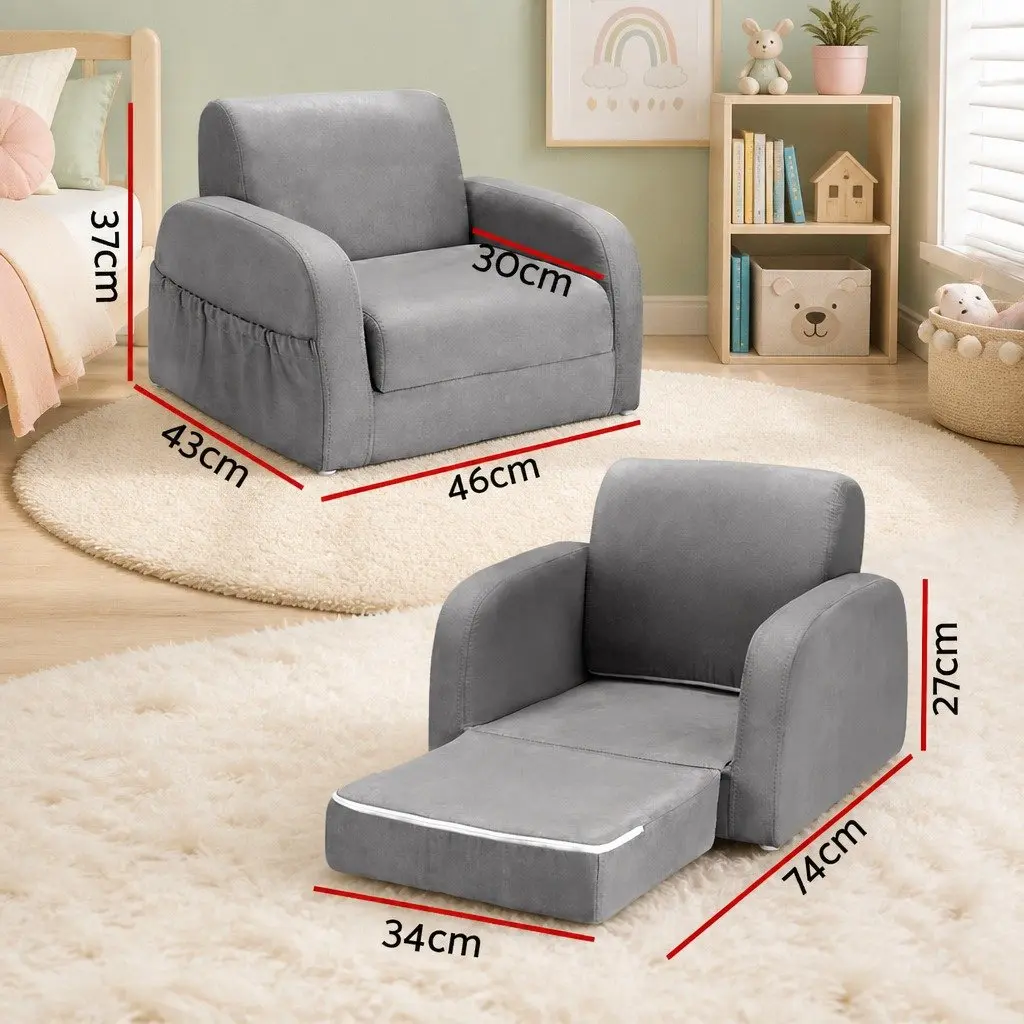 Kids Sofa Fabric Timber 1 Seater Flip Open Lounger Armchair Grey