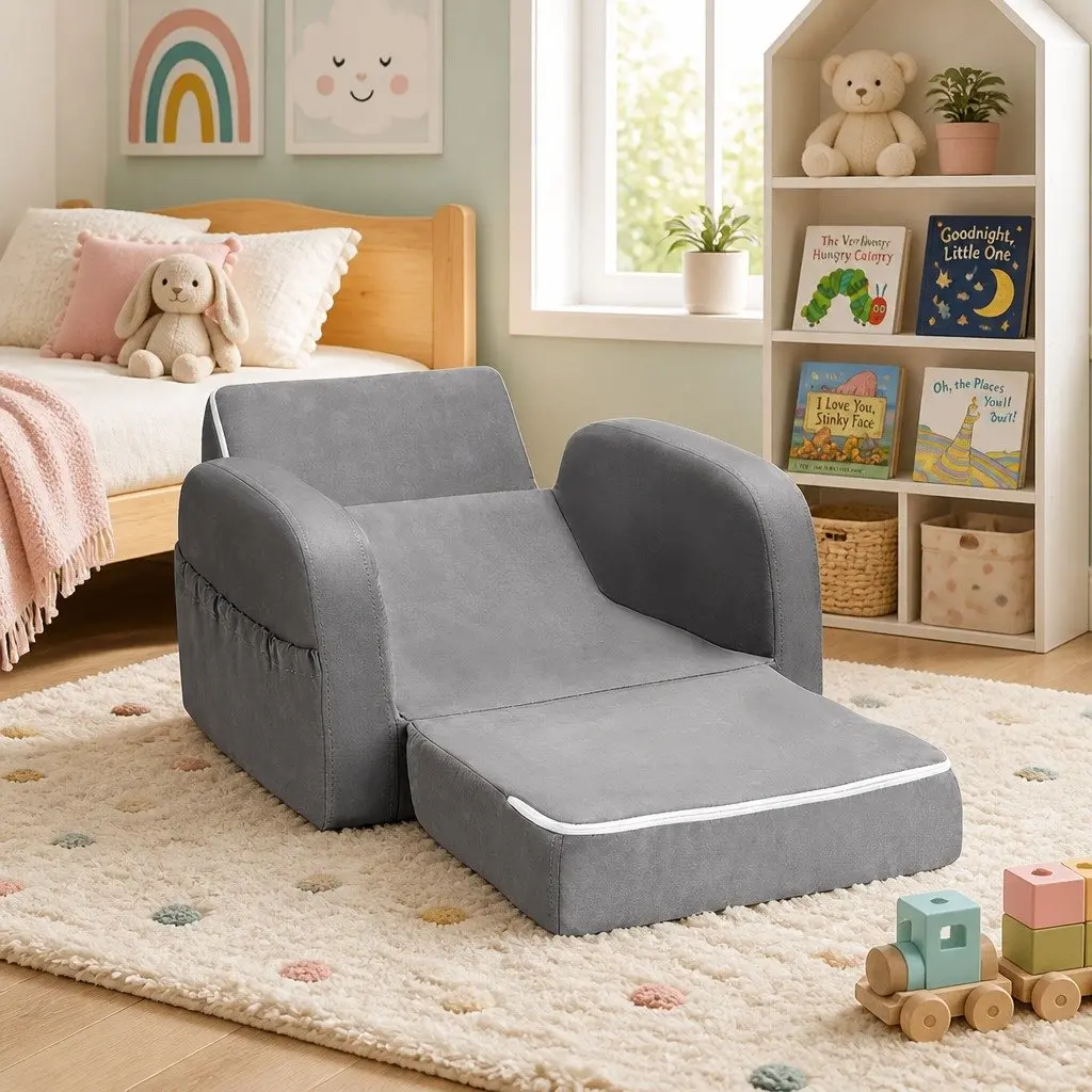 Kids Sofa Fabric Timber 1 Seater Flip Open Lounger Armchair Grey