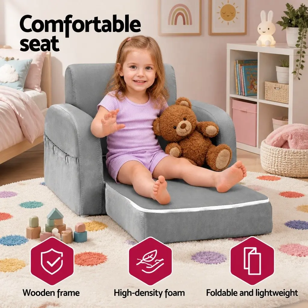 Kids Sofa Fabric Timber 1 Seater Flip Open Lounger Armchair Grey