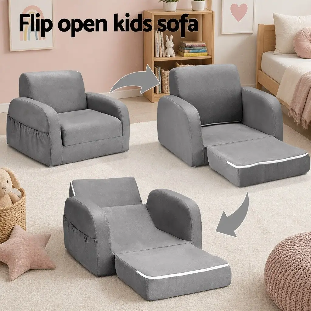 Kids Sofa Fabric Timber 1 Seater Flip Open Lounger Armchair Grey
