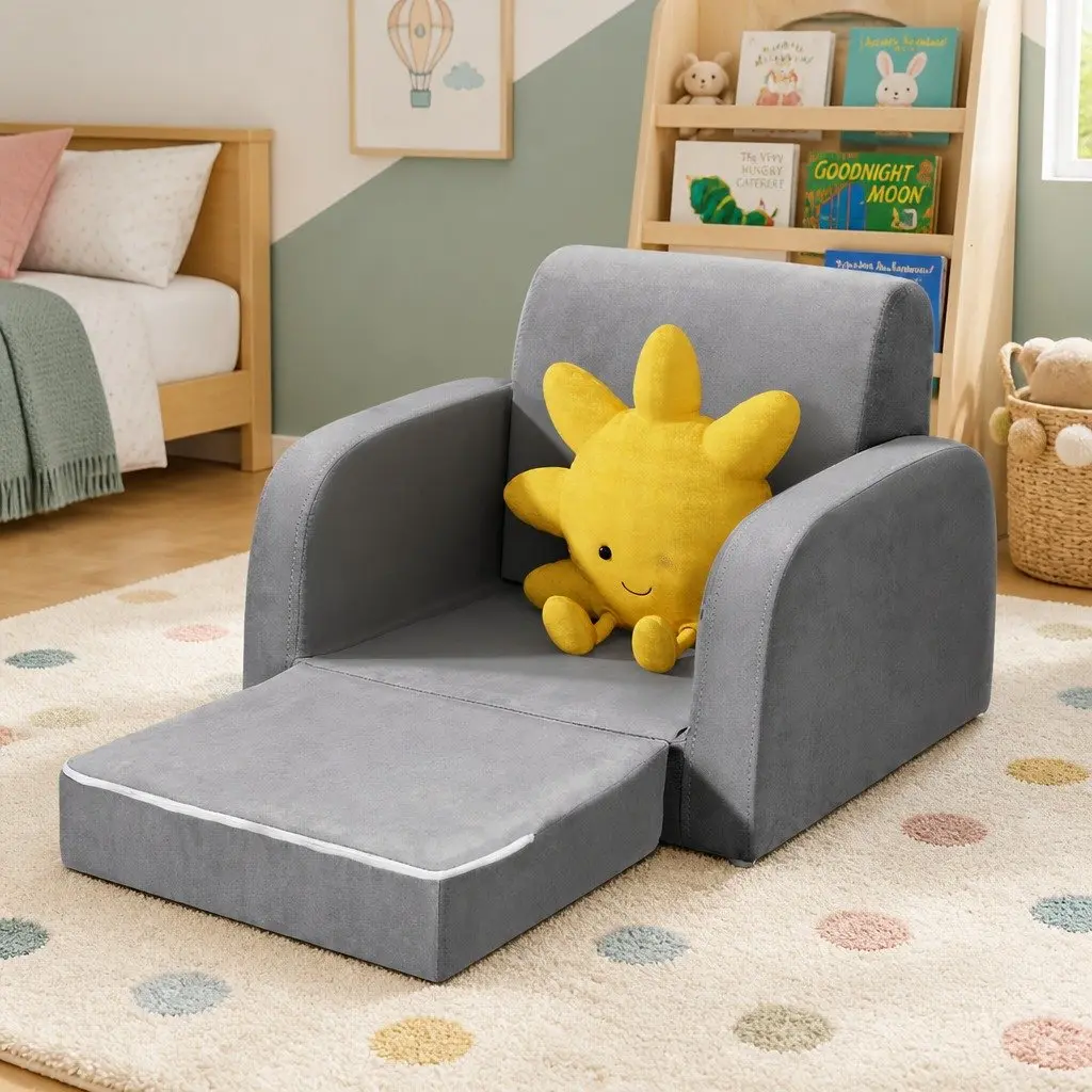 Kids Sofa Fabric Timber 1 Seater Flip Open Lounger Armchair Grey