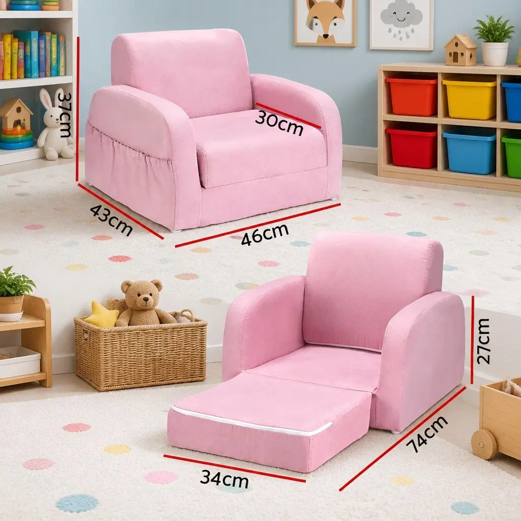 Kids Sofa Fabric Timber 1 Seater Flip Open Couch Lounger Chair Pink