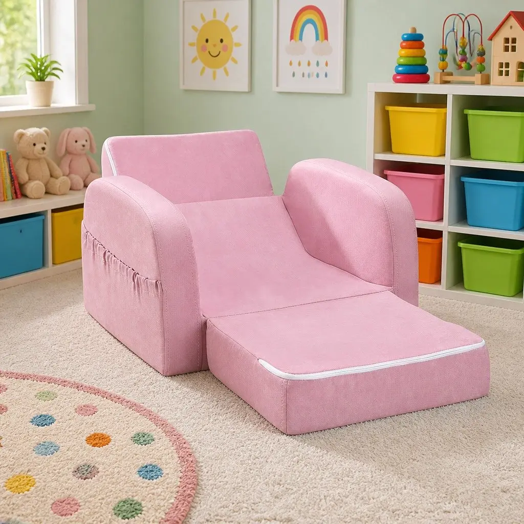 Kids Sofa Fabric Timber 1 Seater Flip Open Couch Lounger Chair Pink