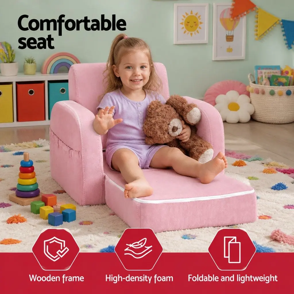 Kids Sofa Fabric Timber 1 Seater Flip Open Couch Lounger Chair Pink