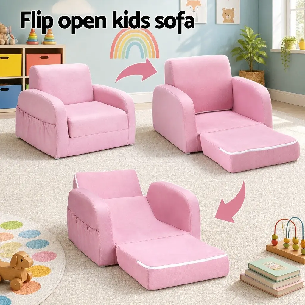 Kids Sofa Fabric Timber 1 Seater Flip Open Couch Lounger Chair Pink