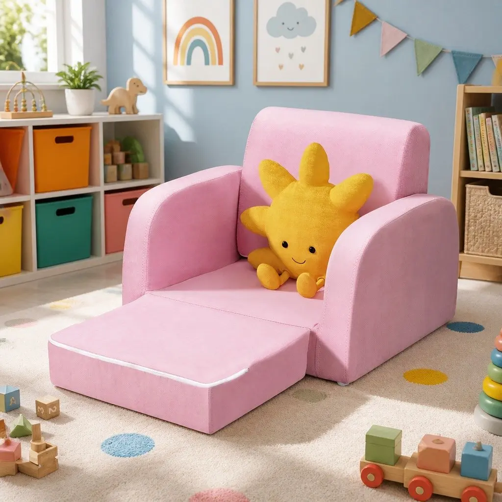 Kids Sofa Fabric Timber 1 Seater Flip Open Couch Lounger Chair Pink