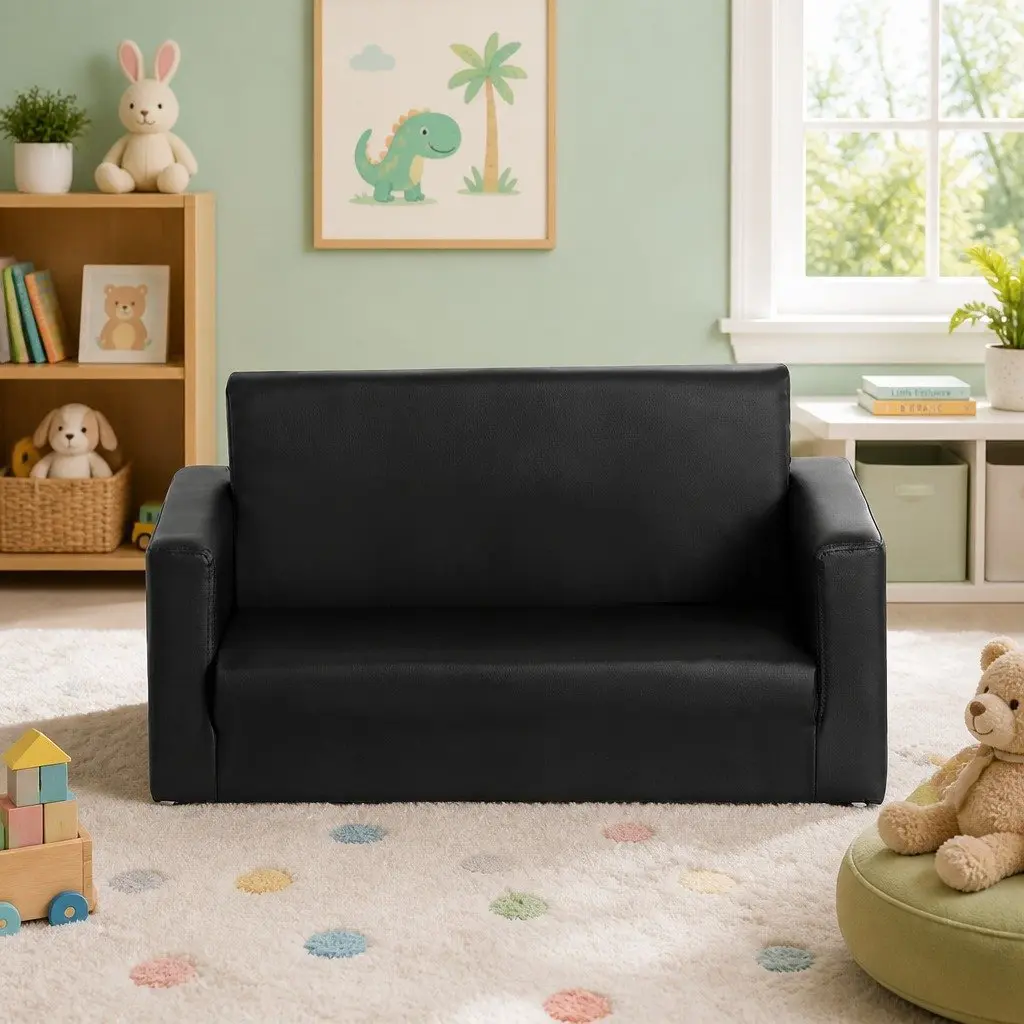 Kids Fold-Out Sofa PU Leather 2 Seater Convertible Couch Black