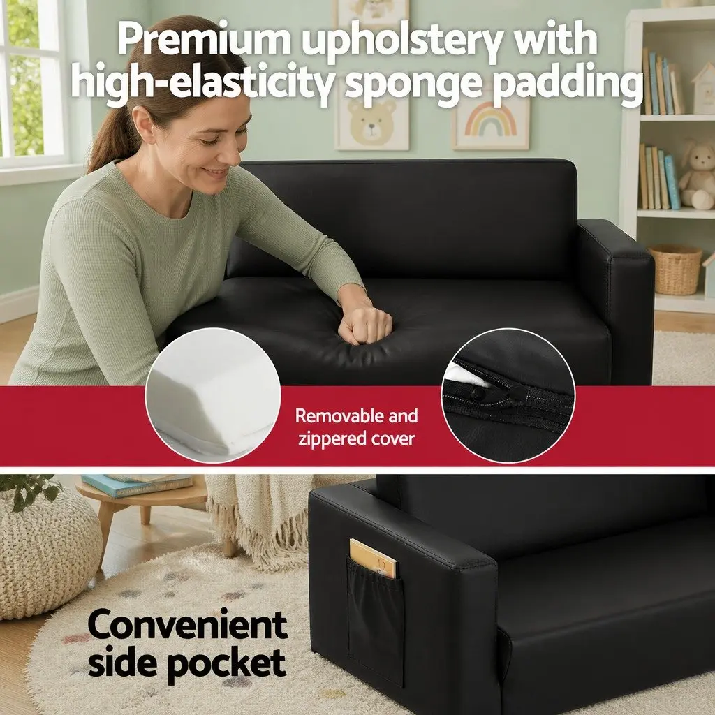 Kids Fold-Out Sofa PU Leather 2 Seater Convertible Couch Black