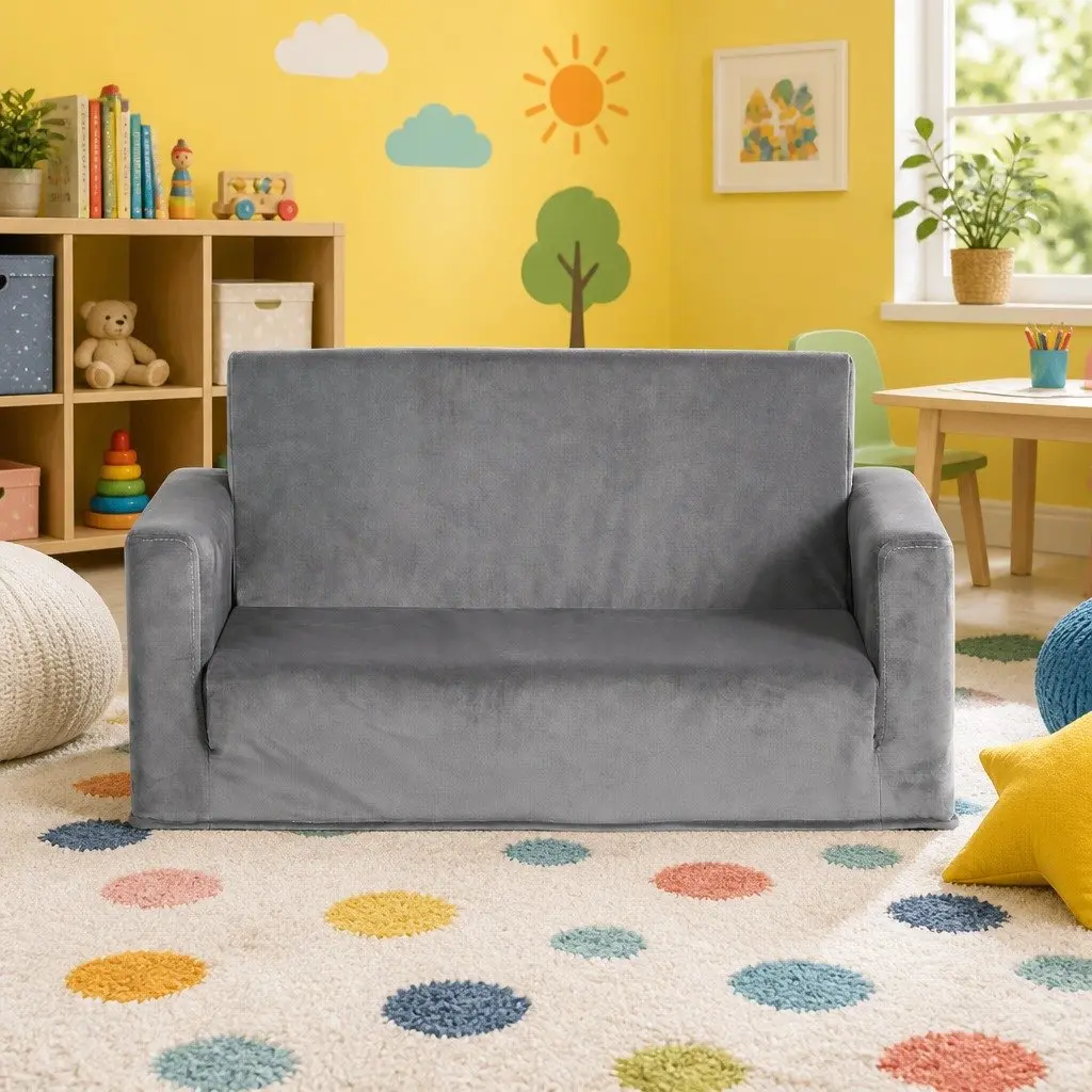 Kids Fold-Out Sofa Bed Timber Velour 30cm W x 76cm D x 99cm H Grey