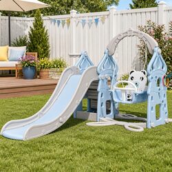 Durable 5-in-1 Kids Slide Swing Set with Basketball Hoop