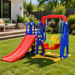 Durable Kids 3-in-1 Slide Swing Set with Basketball Hoop