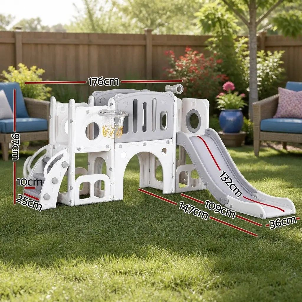 Kids Slide Swing Set HDPE 3-in-1 Outdoor Play Equipment Grey and White