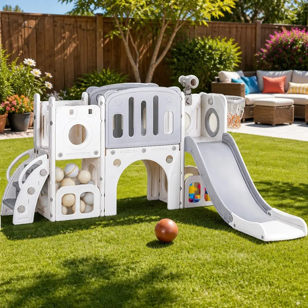 Kids Slide Swing Set HDPE 3-in-1 Outdoor Play Equipment Grey and White