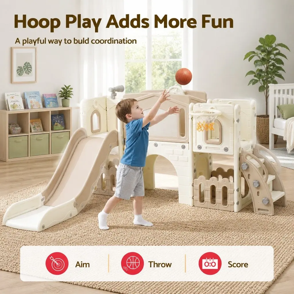 Kids Slide Set Toddler Indoor Playset Drawing Board Basketball Hoop Playhouse