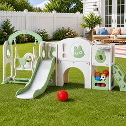 Sturdy 4-in-1 Kids Swing Slide Set with Basketball Hoop