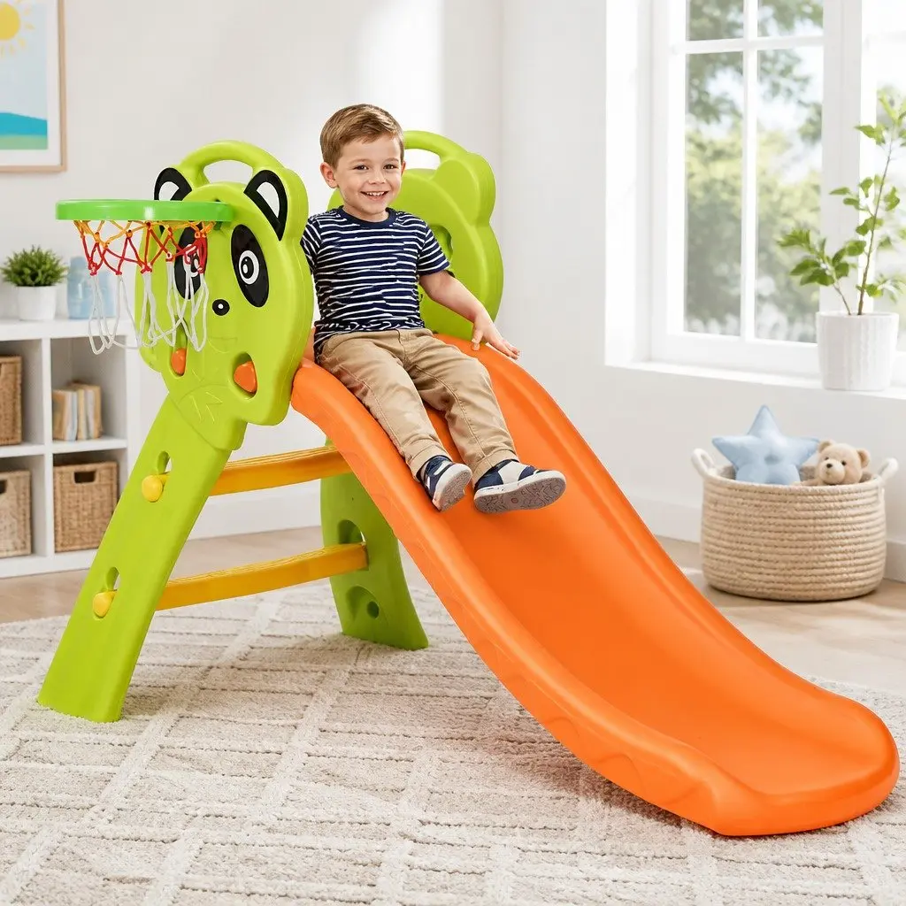 Kids Slide Basketball Hoop Outdoor Play Equipment PE Plastic 100cm Green Orange
