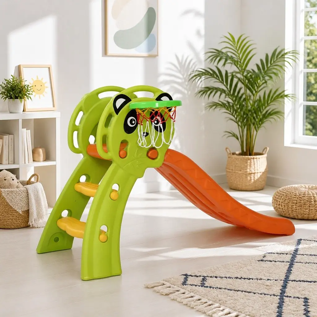Kids Slide Basketball Hoop Outdoor Play Equipment PE Plastic 100cm Green Orange