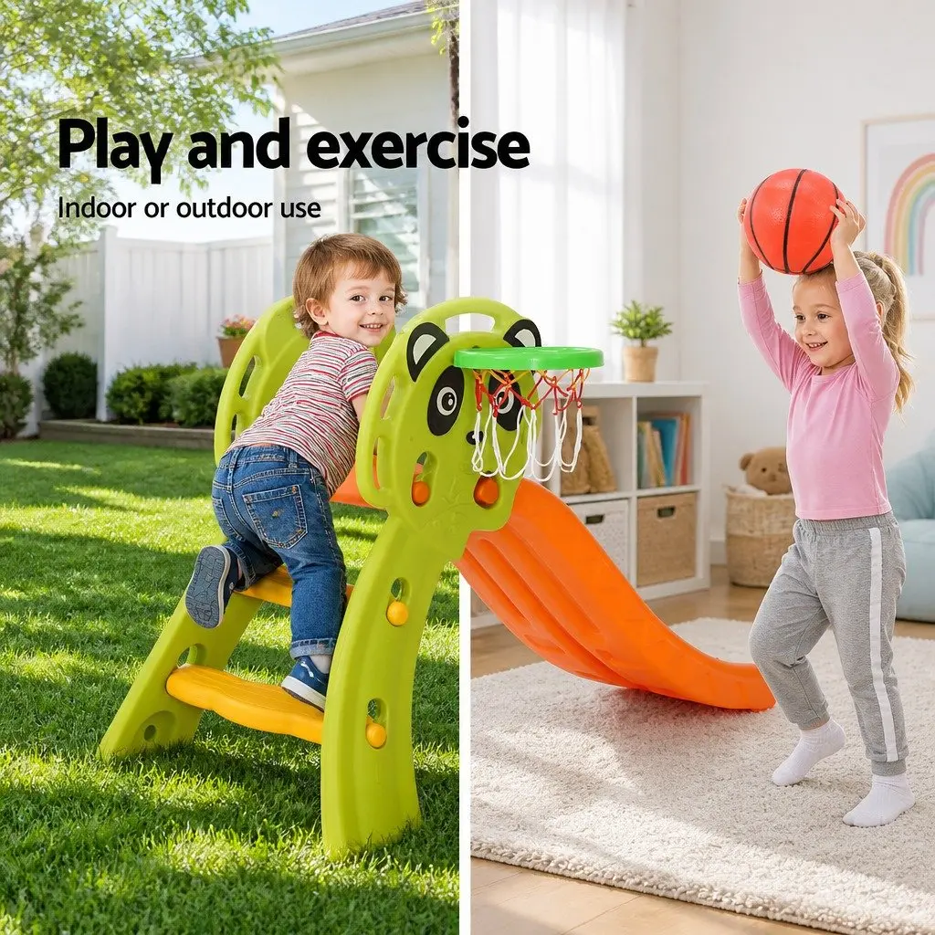 Kids Slide Basketball Hoop Outdoor Play Equipment PE Plastic 100cm Green Orange