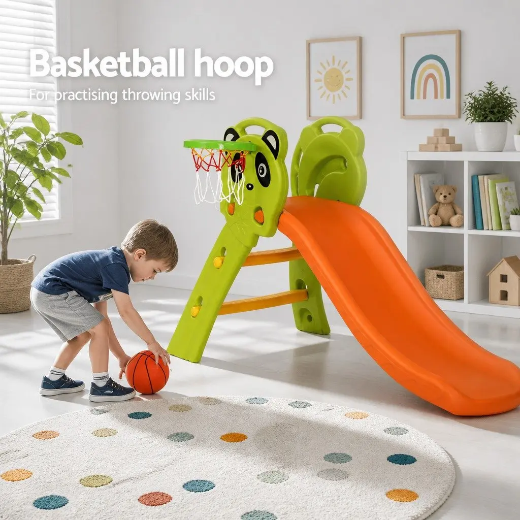 Kids Slide Basketball Hoop Outdoor Play Equipment PE Plastic 100cm Green Orange