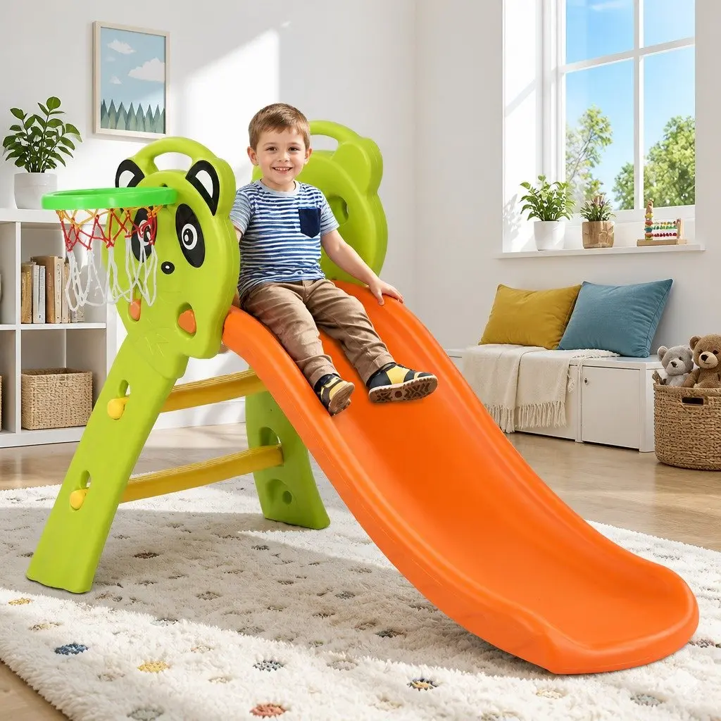 Kids Slide Basketball Hoop Outdoor Play Equipment PE Plastic 100cm Green Orange