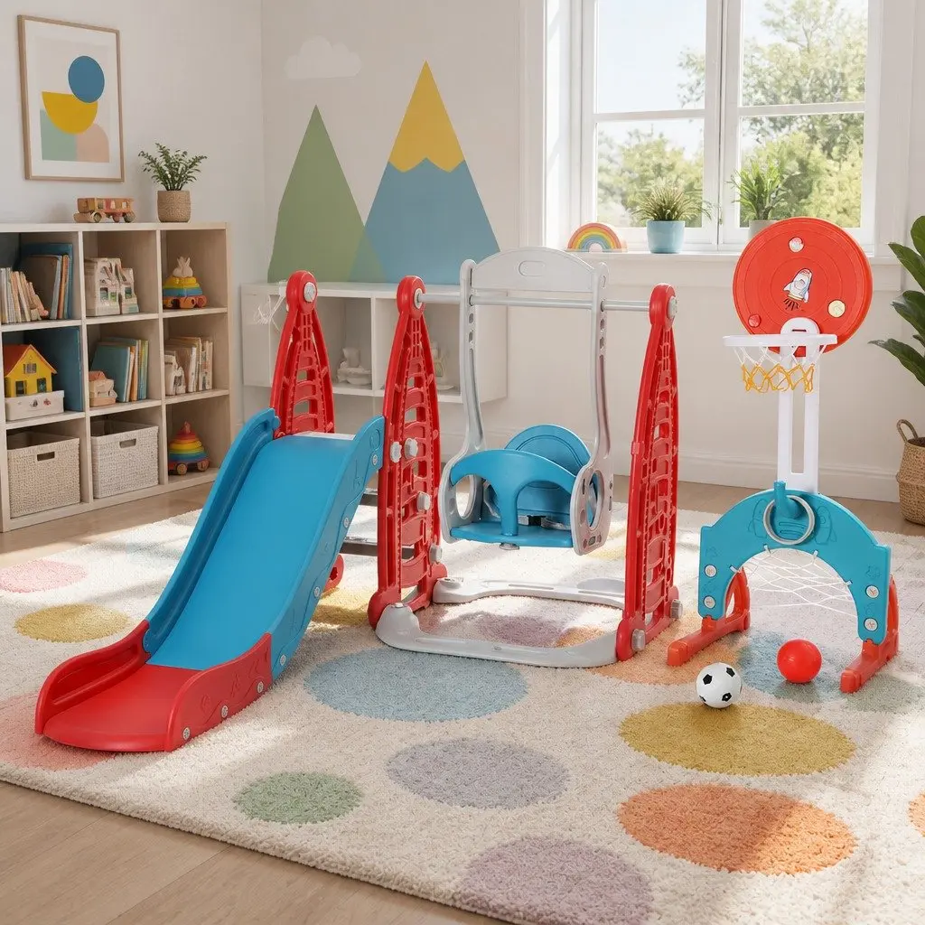 Kids Slide Swing Set High-Density Polyethylene Red 6-in-1 Outdoor Play Equipment