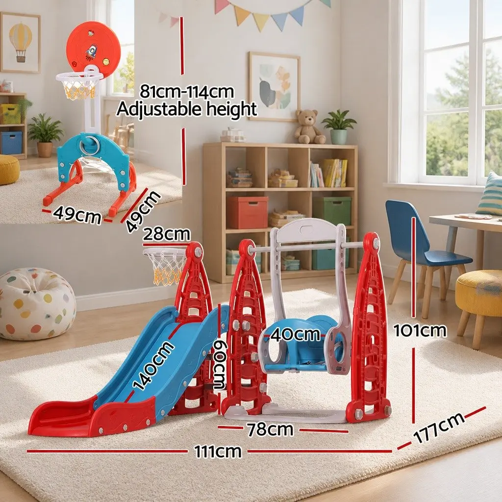 Kids Slide Swing Set High-Density Polyethylene Red 6-in-1 Outdoor Play Equipment