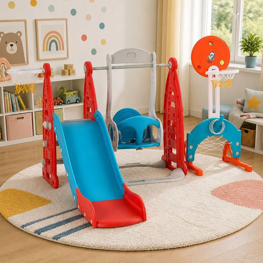 Kids Slide Swing Set High-Density Polyethylene Red 6-in-1 Outdoor Play Equipment