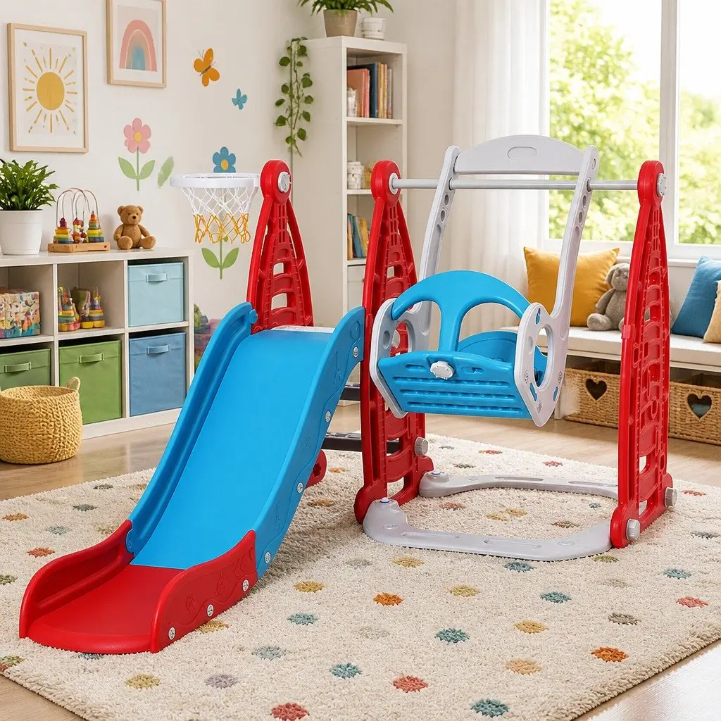 Kids Slide Swing Set High-Density Polyethylene Red 6-in-1 Outdoor Play Equipment
