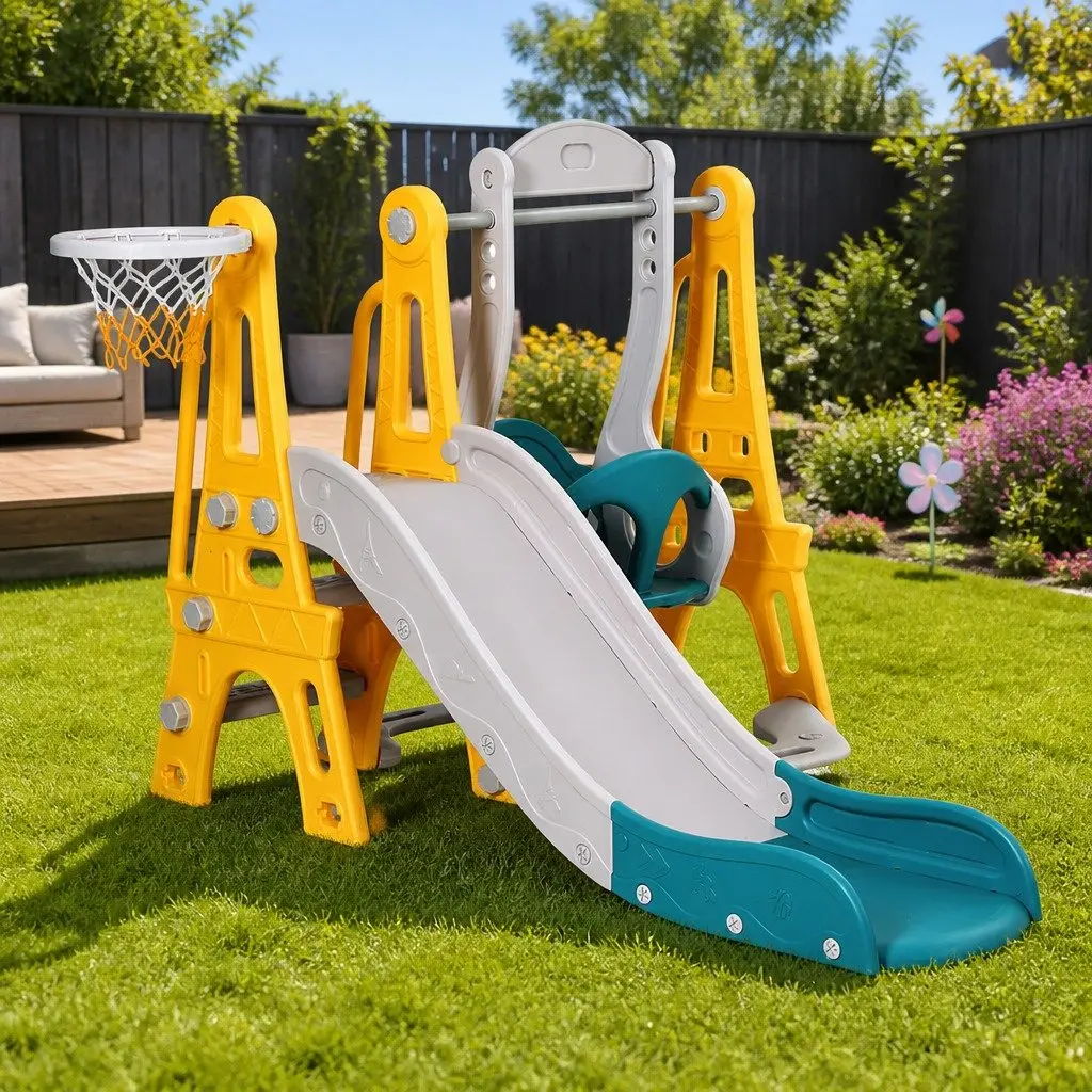 Outdoor Kids Slide Swing Set with Basketball Hoop 140cm