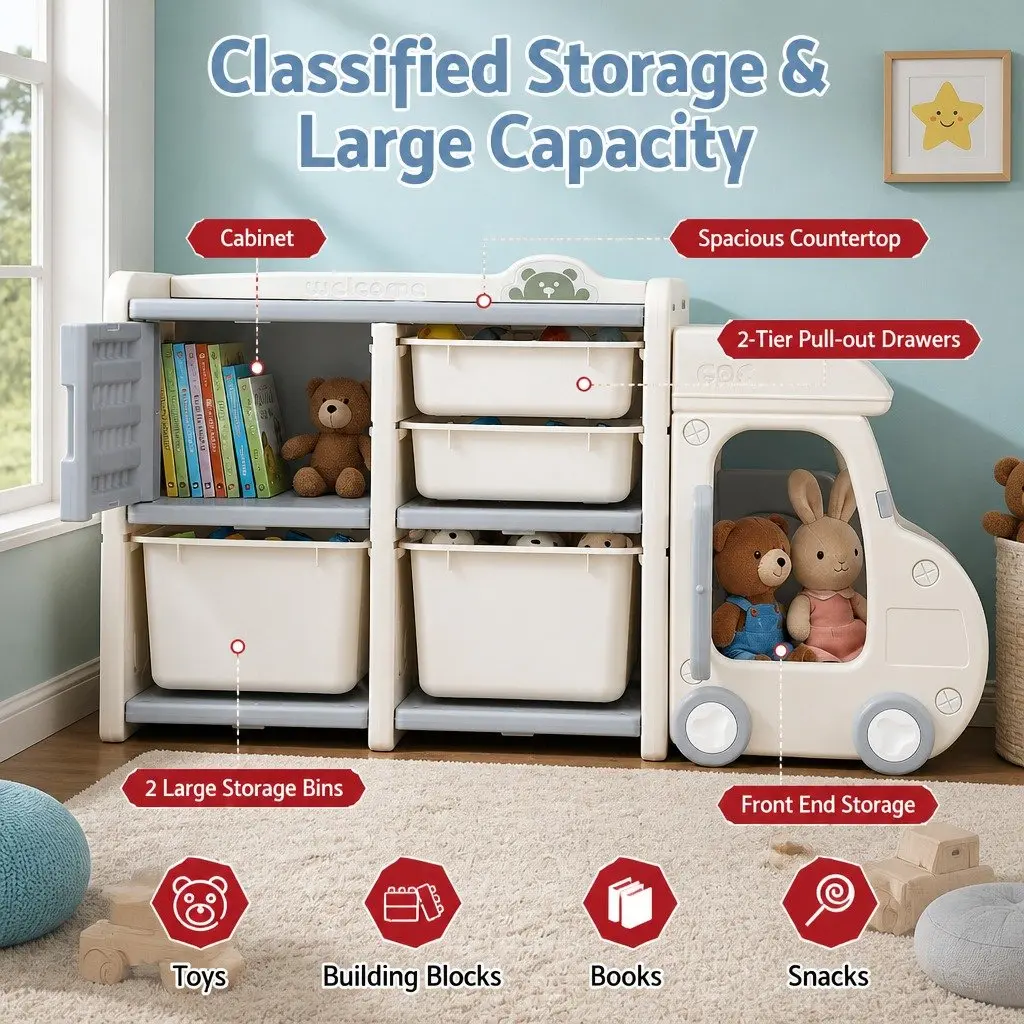 Car Shaped Toy Storage Organizer HDPE 1215 x 315 x 660 mm White or Grey