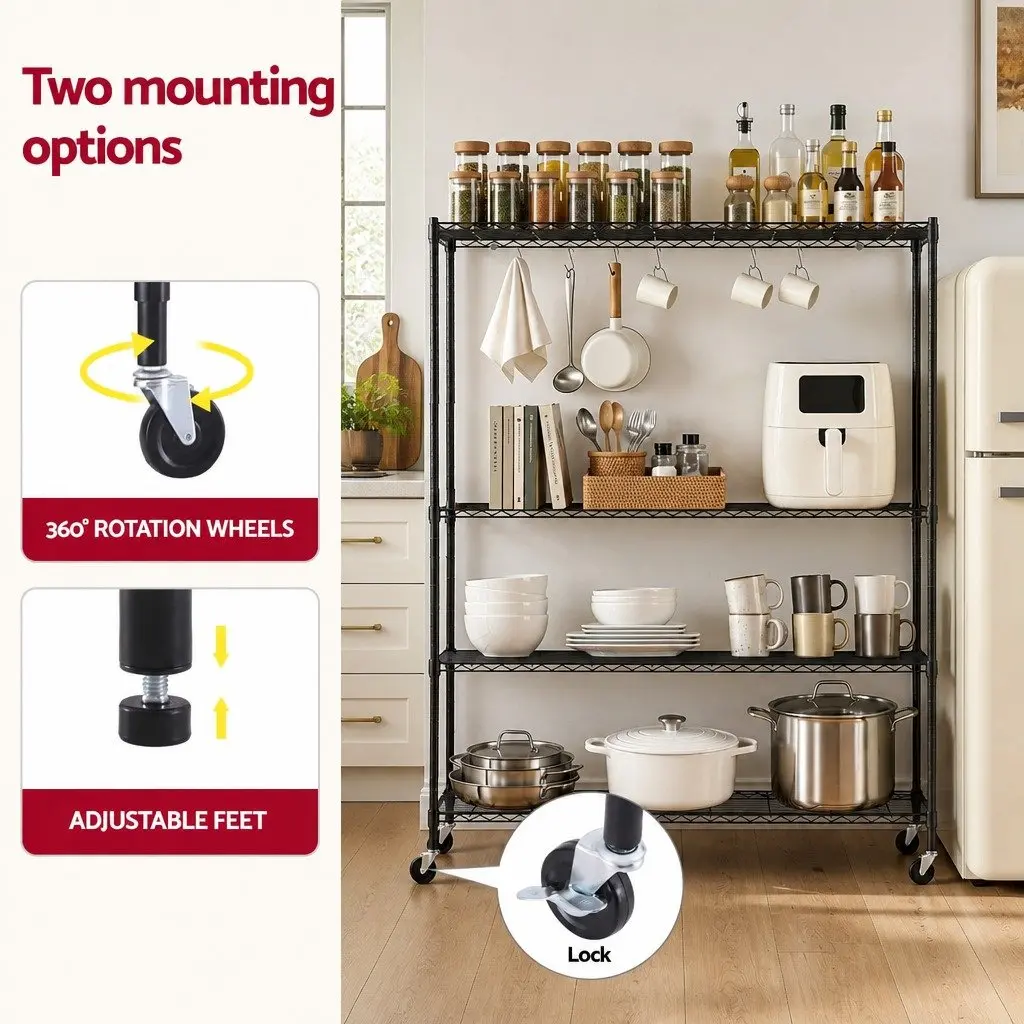 4-Tier Metal Kitchen Rack Shelf Adjustable Storage Black
