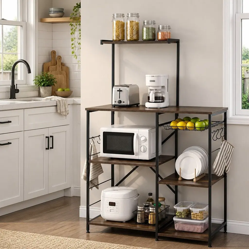 4-Tier Kitchen Storage Rack with Basket & Hooks