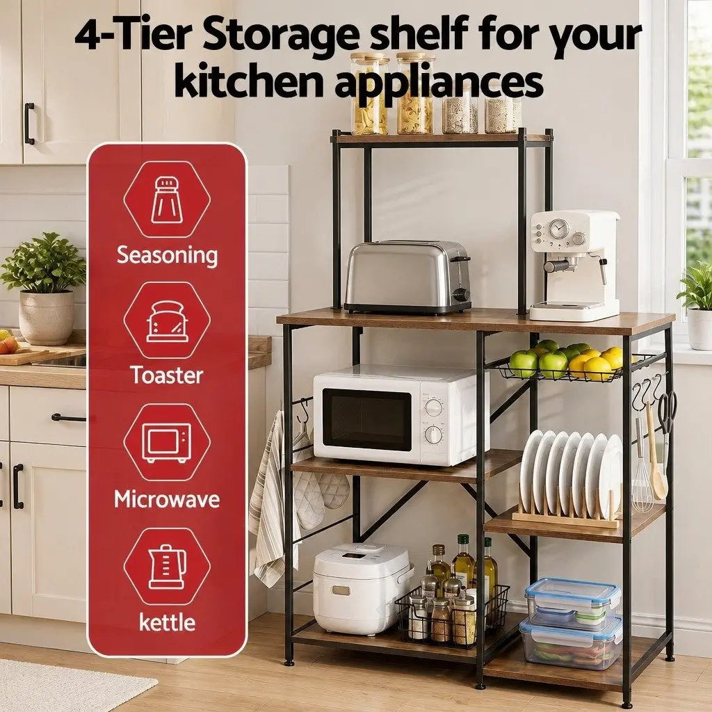 4-Tier Kitchen Storage Rack Metal Frame PB Board Shelving Brown