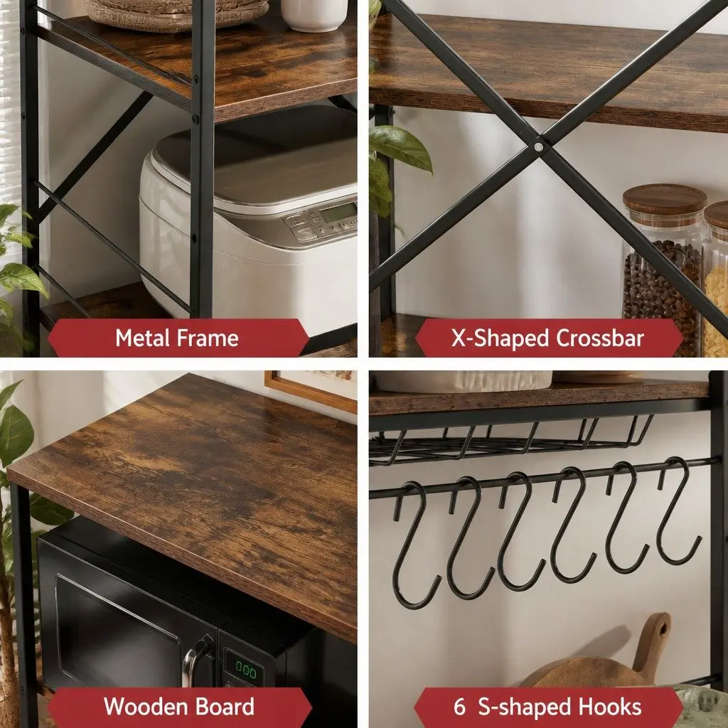 4-Tier Kitchen Storage Rack Metal Frame PB Board Shelving Brown