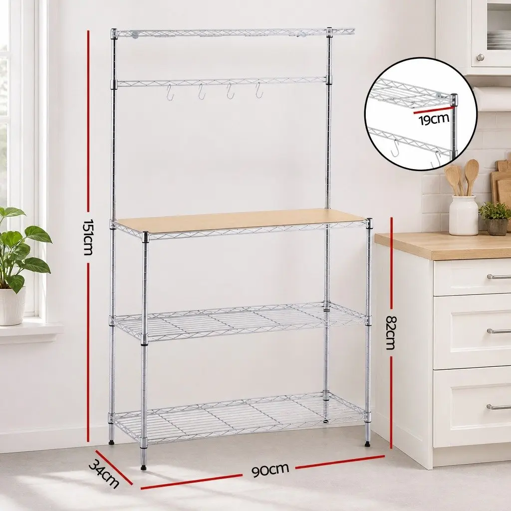 4 Tier Kitchen Shelf Rack Metal Storage Organizer Silver 90cm x 34cm x 151cm