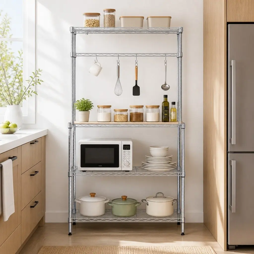 4 Tier Kitchen Shelf Rack Metal Storage Organizer Silver 90cm x 34cm x 151cm