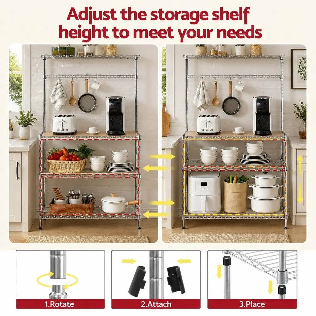 4 Tier Kitchen Shelf Rack Metal Storage Organizer Silver 90cm x 34cm x 151cm