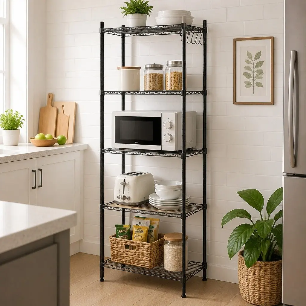 5 Tier Adjustable Black Metal Kitchen Storage Shelf Unit Compact Vertical Organizer