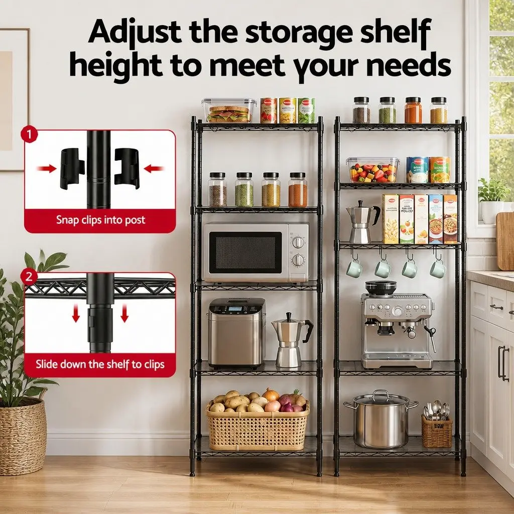 5 Tier Adjustable Black Metal Kitchen Storage Shelf Unit Compact Vertical Organizer