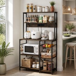 Sturdy 5-Tier Kitchen Storage Rack with Outlets in Brown