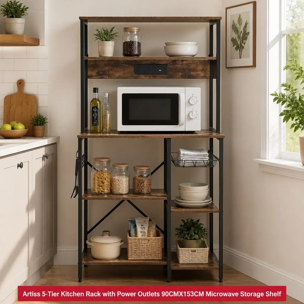 Kitchen Storage Rack Metal Frame 5-Tier Microwave Shelf Unit Brown