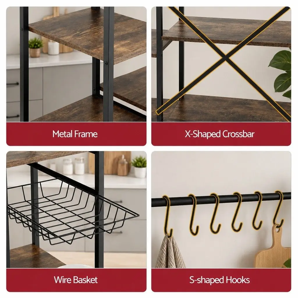 Kitchen Storage Rack Metal Frame 5-Tier Microwave Shelf Unit Brown