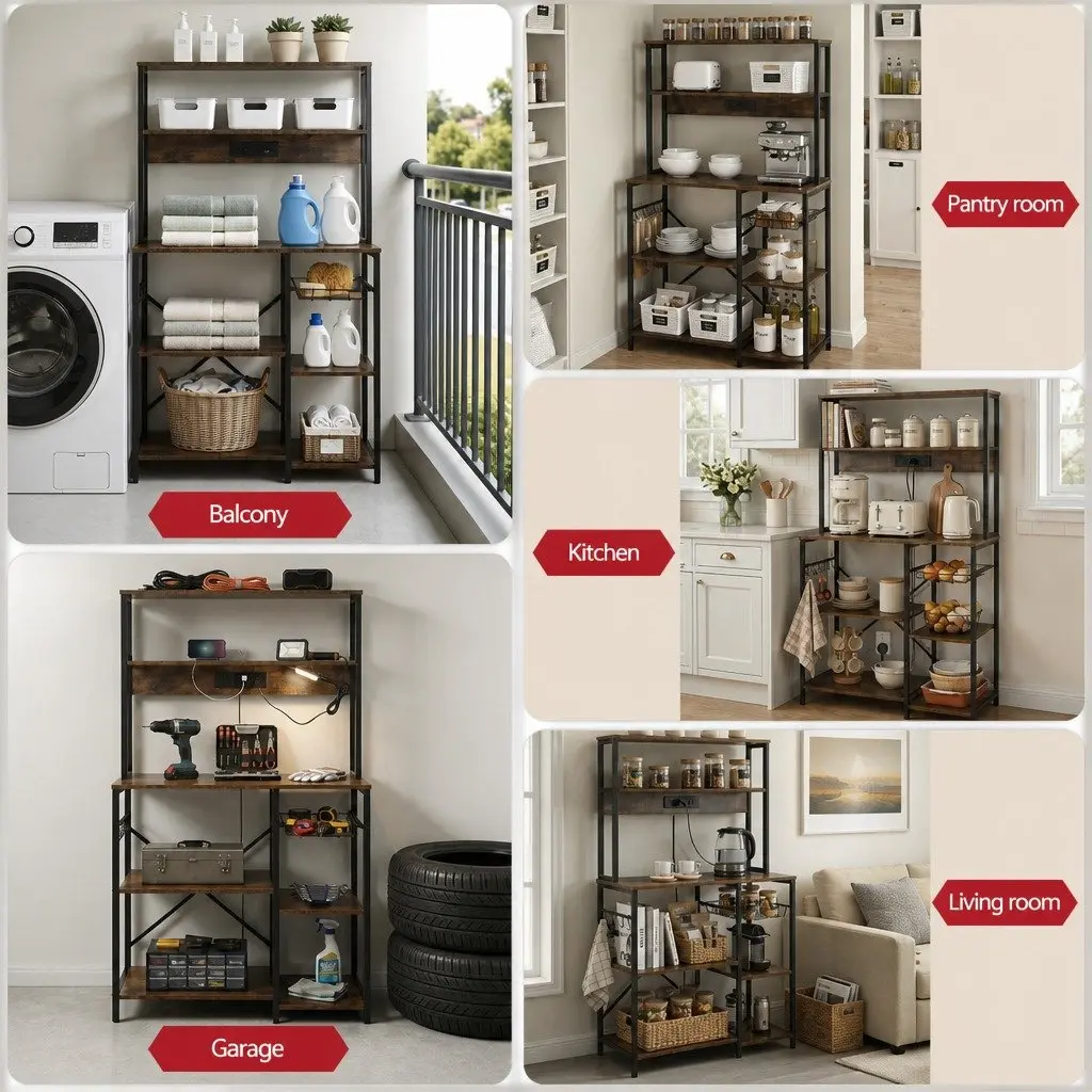 Kitchen Storage Rack Metal Frame 5-Tier Microwave Shelf Unit Brown