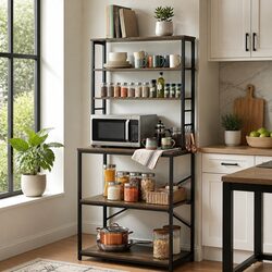 6-Tier Microwave Shelf Unit with Hooks - 80cm x 167cm Brown