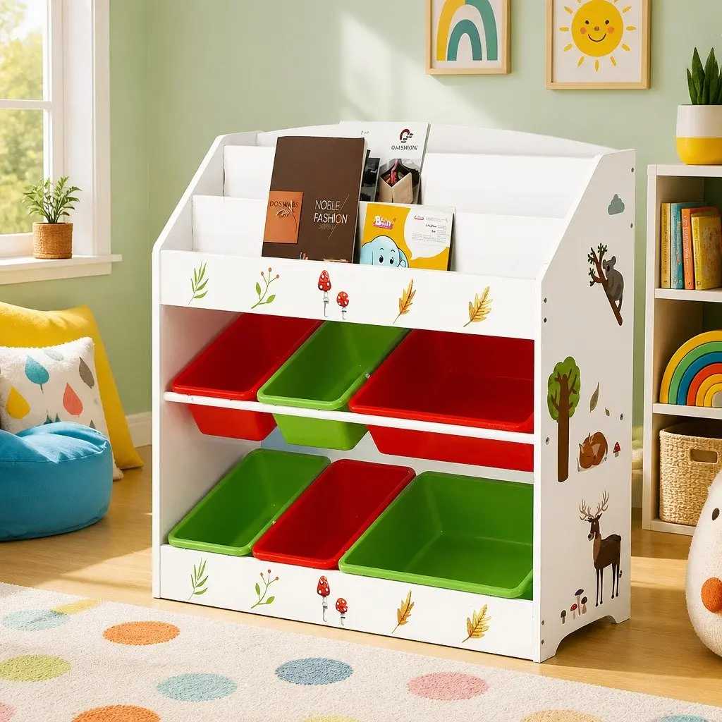 3 Tier Kids Bookshelf Storage Organiser with 6 Boxes